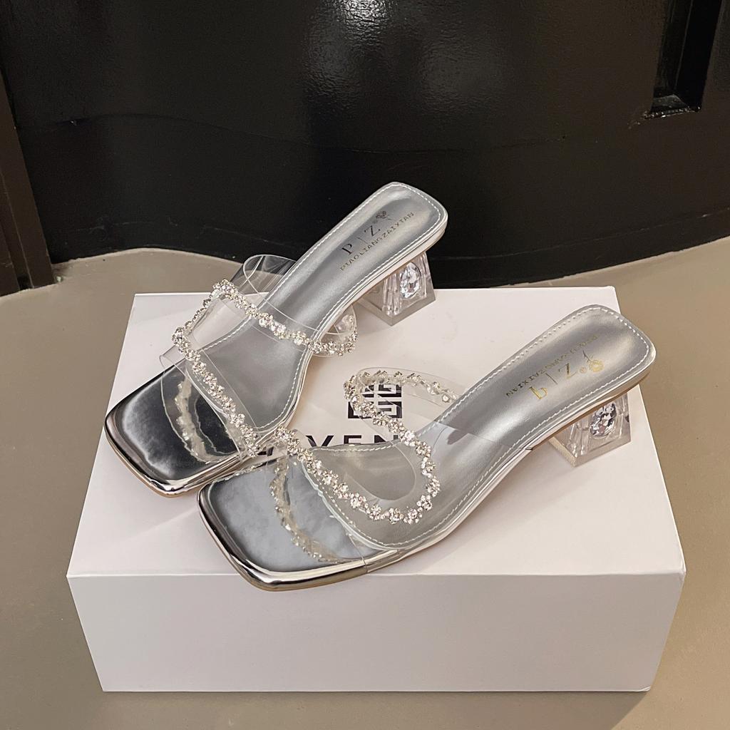 Women's Crystal Slippers Transparent Pvc Temperament Cool Slippers for Women Square Head Open-toed High Heeled Sandals Sandalias