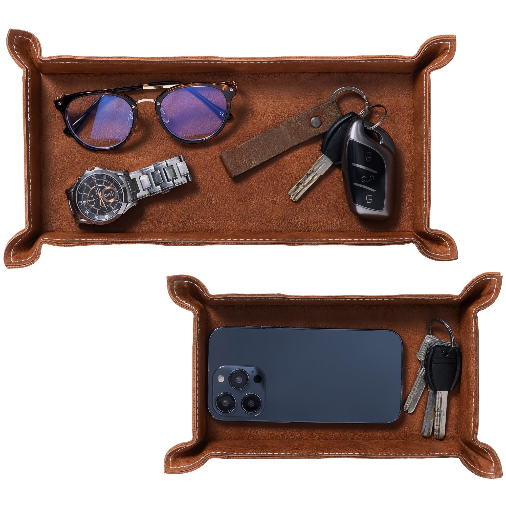 

Поднос из кожи Navaris, набор из 2 предметов, поднос для украшений, подставка для ключей, настольный, прямоугольный, в стиле скандинавских товаров, искусственная кожа, коричневый - - коричневый