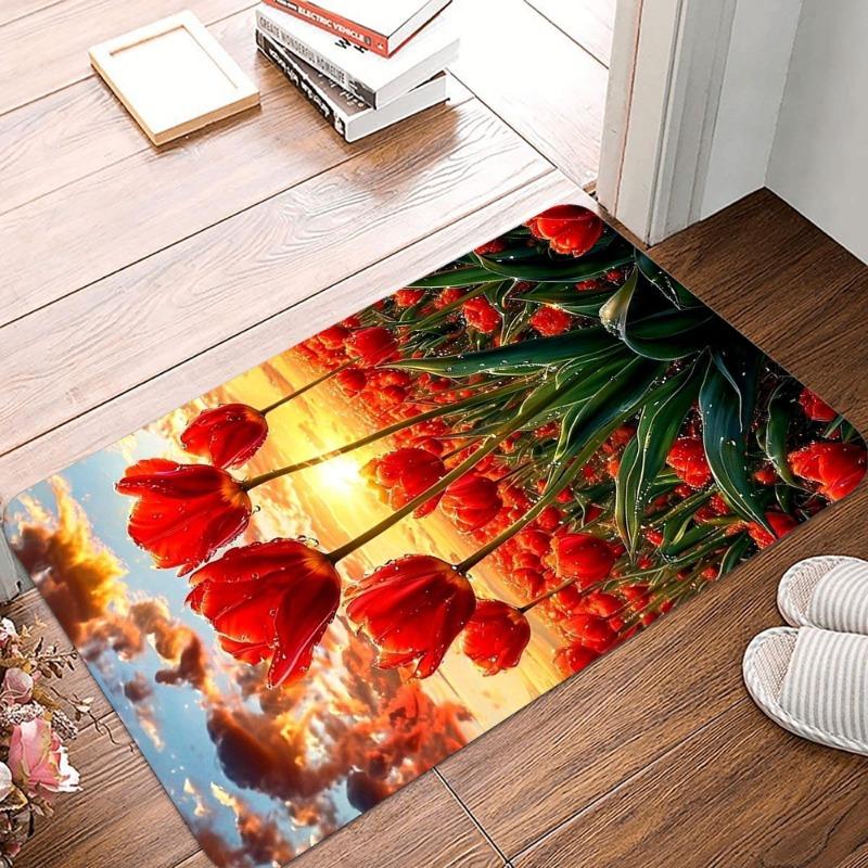 

Beautiful Red Tulip Printing Non-Slip Small Rug Waterproof Easy To Clean Floor Mat for Indoor Outdoor Use Durable Home Decor 30x50cm