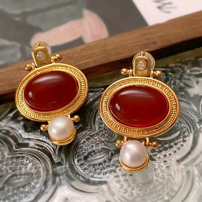 Retro Leichter Luxus Rot Elegant Modisch Zirkon Ohrringe für Damen Geometrische Muster Süßes Temperament Vielseitig Party Geschenk