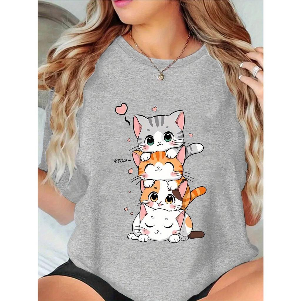 Women's T-shirt short-sleeved with three cute kittens creative printing summer round neck T-shirt women's casual wear