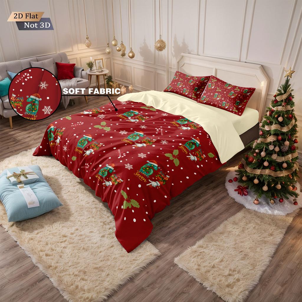3pcs Merry Christmas element printed coreless duvet cover set, multi size bedroom bedding, holiday decoration, machine washable