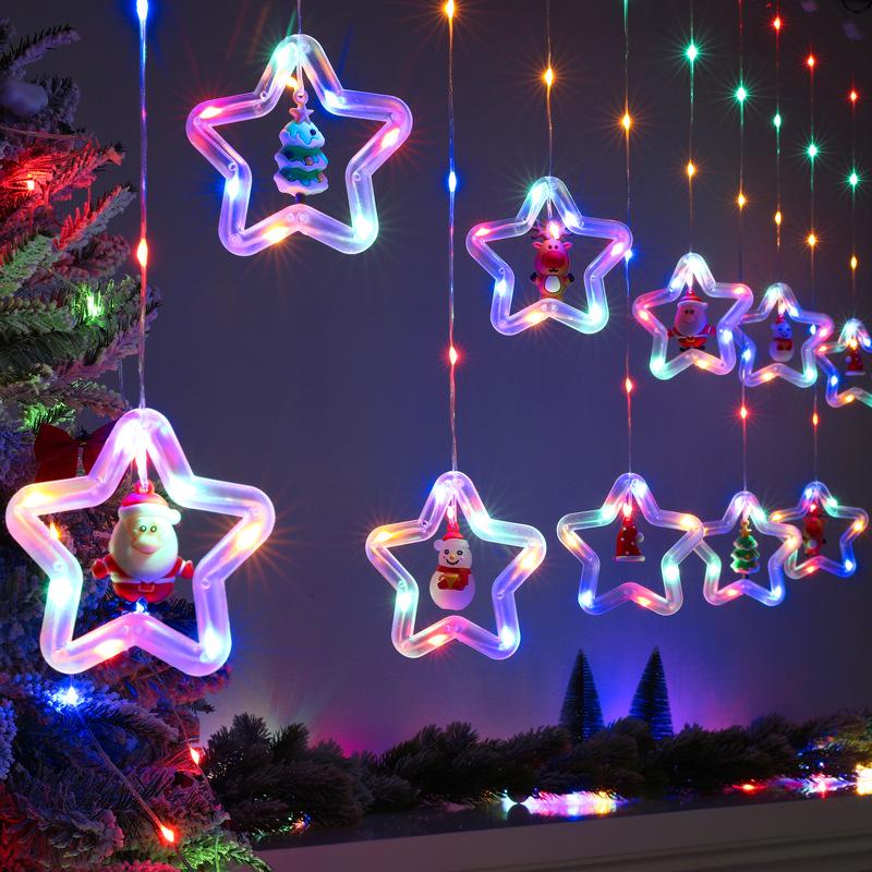 Five-Pointed Star Christmas LED Curtain & Tree String Fairy Lights for Festive Window Display