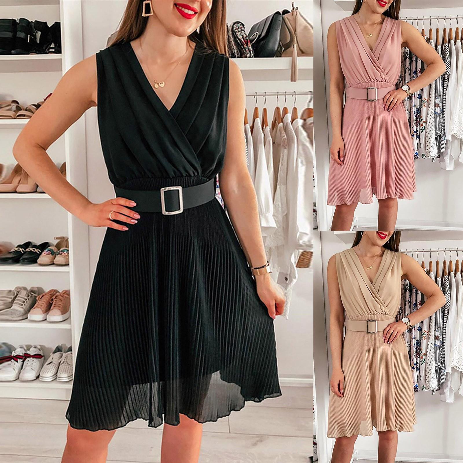 

Женское повседневное сплошное шифоновое плиссированное платье с v-образным вырезом плиссированное платье с поясом