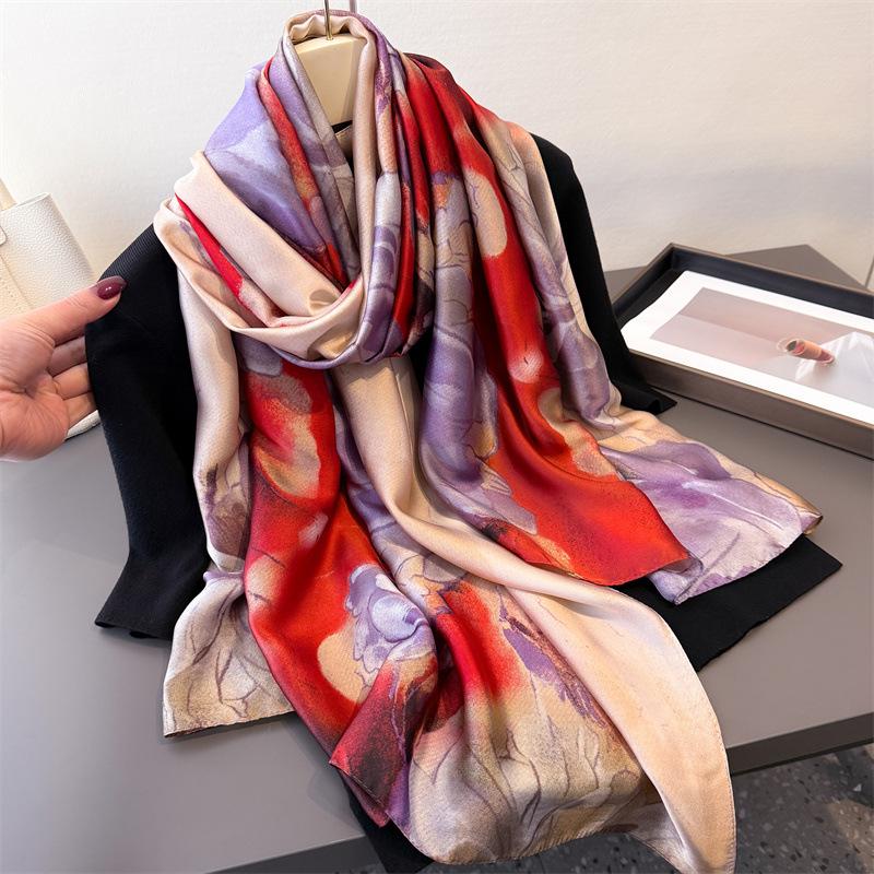 Spring and Summer Thin Printing Simulation Silk Brocade Sunscreen Contrasting Flower Silk Scarf Long Scarf Shawl Versatile Headscarf Scarf