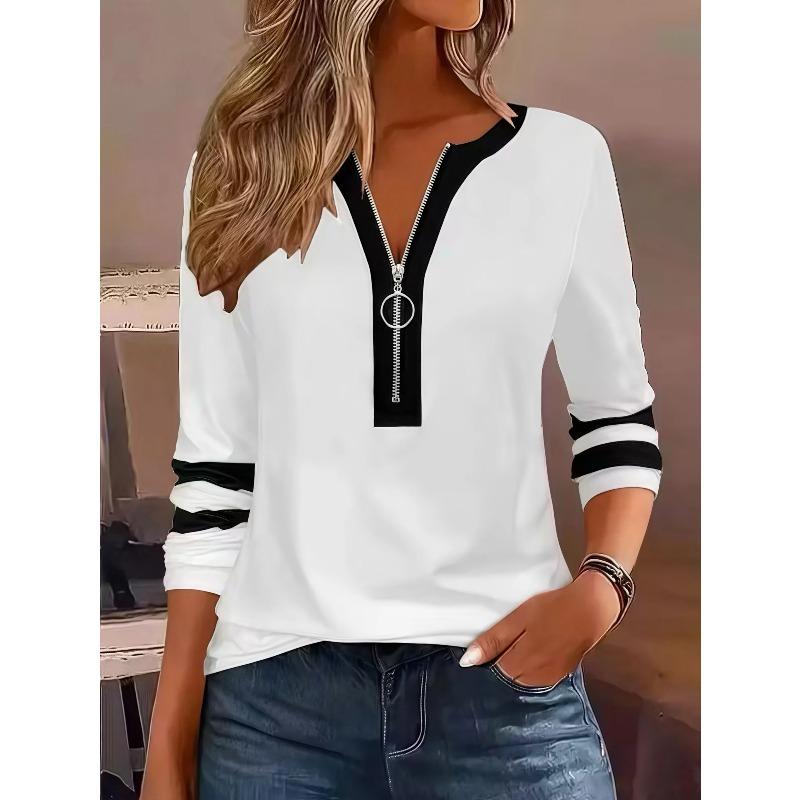Plus Size Long Sleeve T-Shirt with Geometric Stripes Color Block Ring Zipper Detail  Fall Fashion