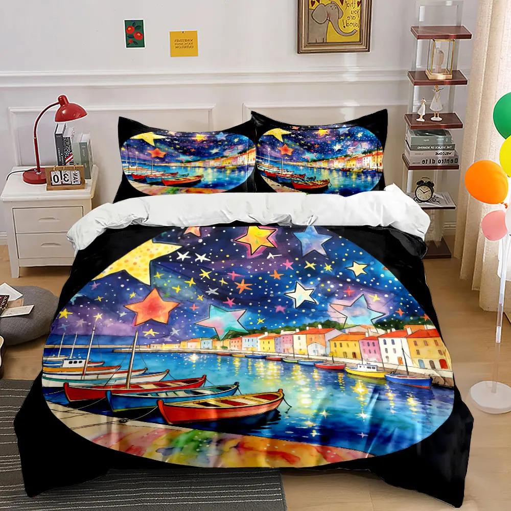 Starry Night Harbor Decoration Set Soft Comfortable Duvet Cover Bedding Set Included 1*Duvet Cover & 2*Pillowcases gift