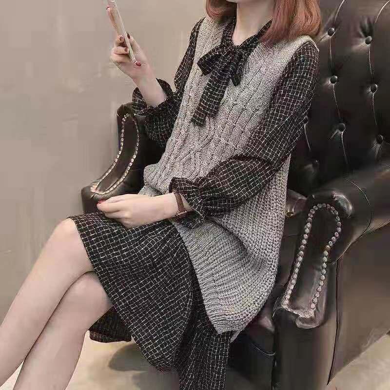 

Женский модный длинный вязаный жилет-платье - Комплект из двух предметов, Свободный, Большого размера, для весны и осени L