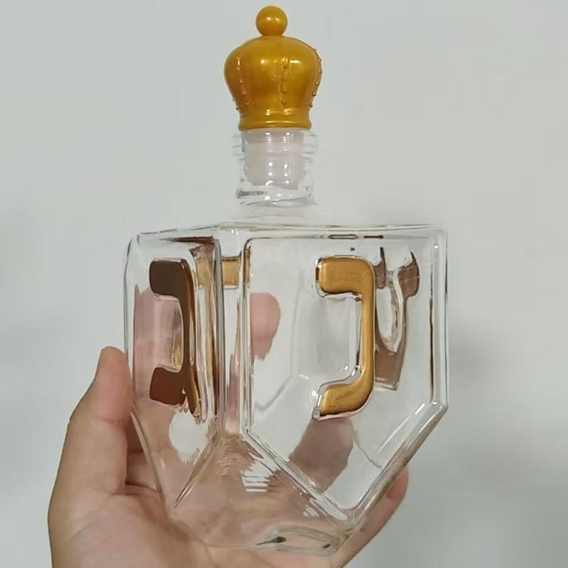 Artistic Glass Whiskeys Decanter with Gold Hebrew Letter Liquor Bottle with Hanukkah Themed Accent Centerpiece