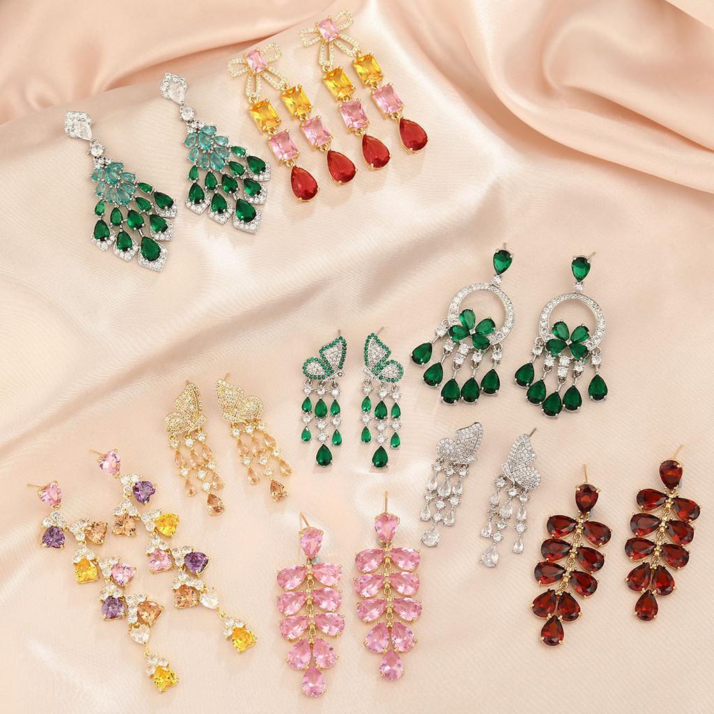 Floral Green Crystal Drop Earrings For Wedding And Party Wear