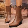 Black Thick Heel Western Short Boots Women Plus Size36-43 Pointed Toe Ankle Boots Woman Autumn Winter Slip On Cowboy Botas Mujer