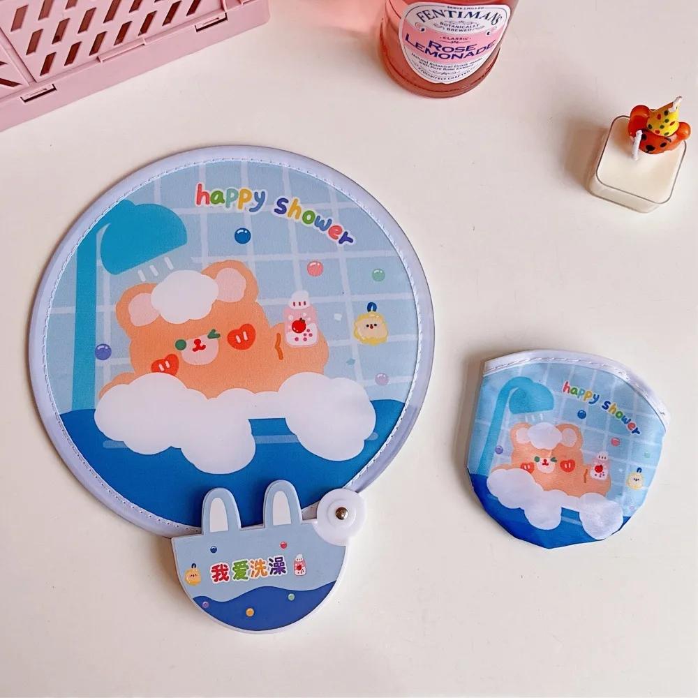 Lovely Japanese Folding Round Fan Summer Portable Mini Cartoon Handle Cloth Net Red