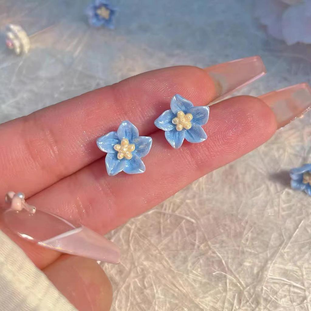 Silver needle blue camellia flower stud earrings women's wind sweet temperament earrings Mori simple ears