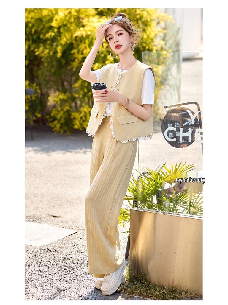 Summer 2025 Women's Age-Defying Three-Piece Set: Stylish Vest, Base Shirt, Wide-Leg Pants - RX9228