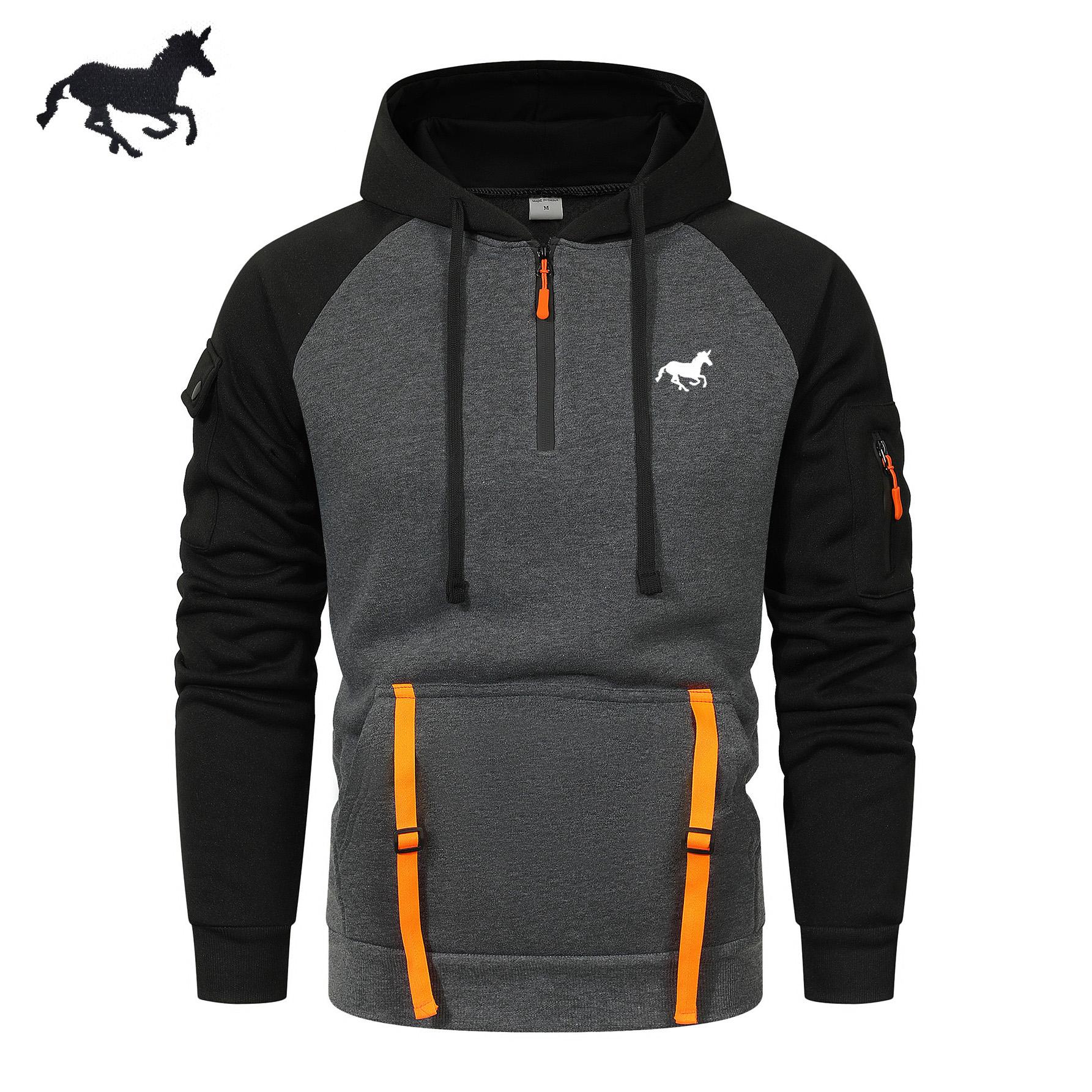 2025 AutumnWinter New A Running Horse Embroidery Men s Casual Multi Zipper Arm Pocket Hoodie Pullover Large Hoodie Outdoor Sport Hoodie S 2193₽