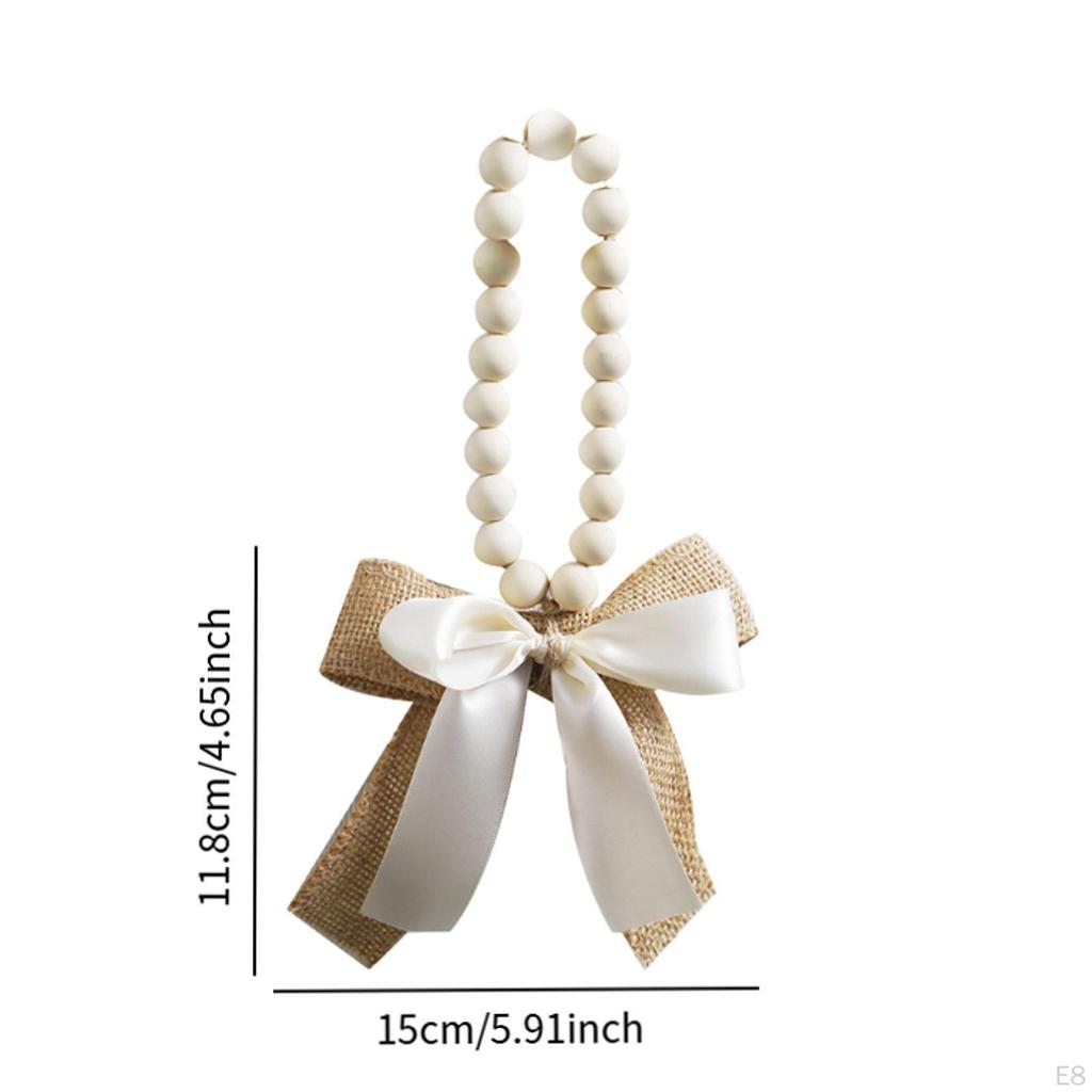 Wood Bead Pendant Home Decor Farmhouse Decorative with Linen Bow Hanging Ornament for Room