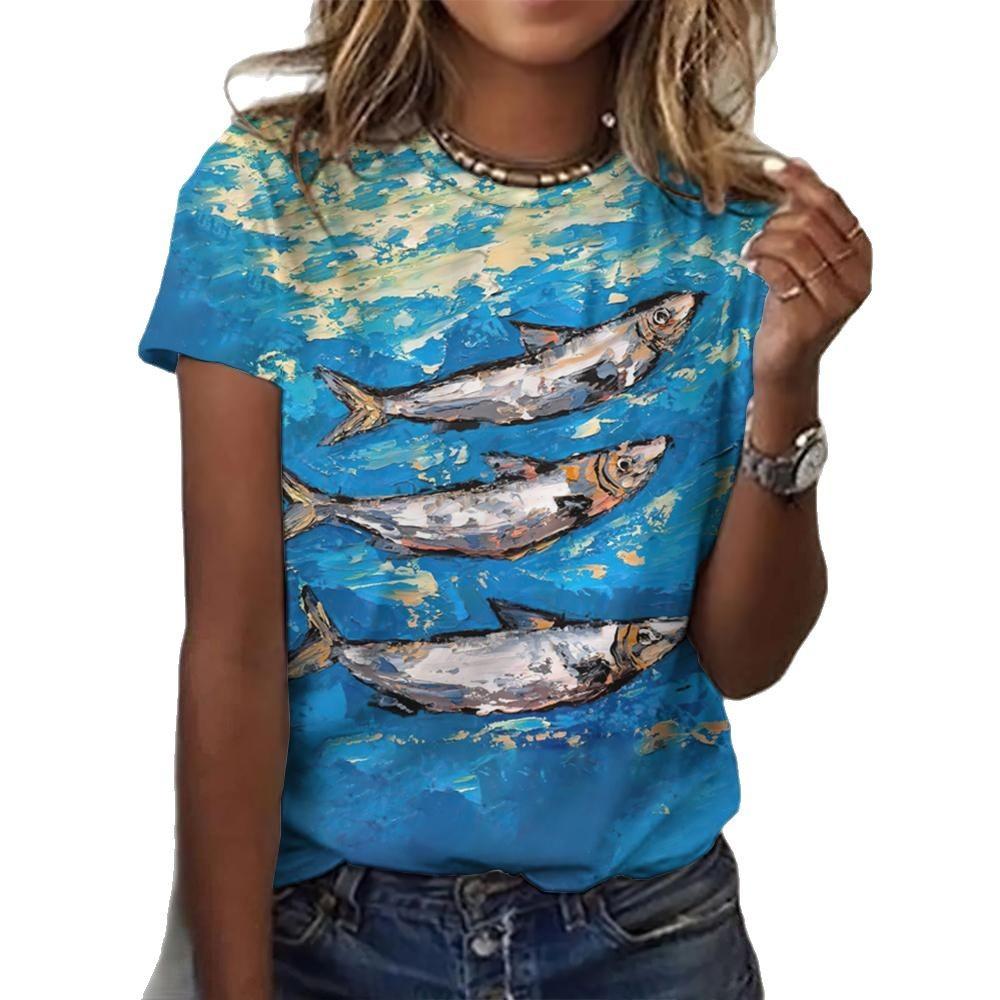 Summer Round Neck 3D Fish Printed Top Fashionable Casual Short Sleeved Women's T-shirts