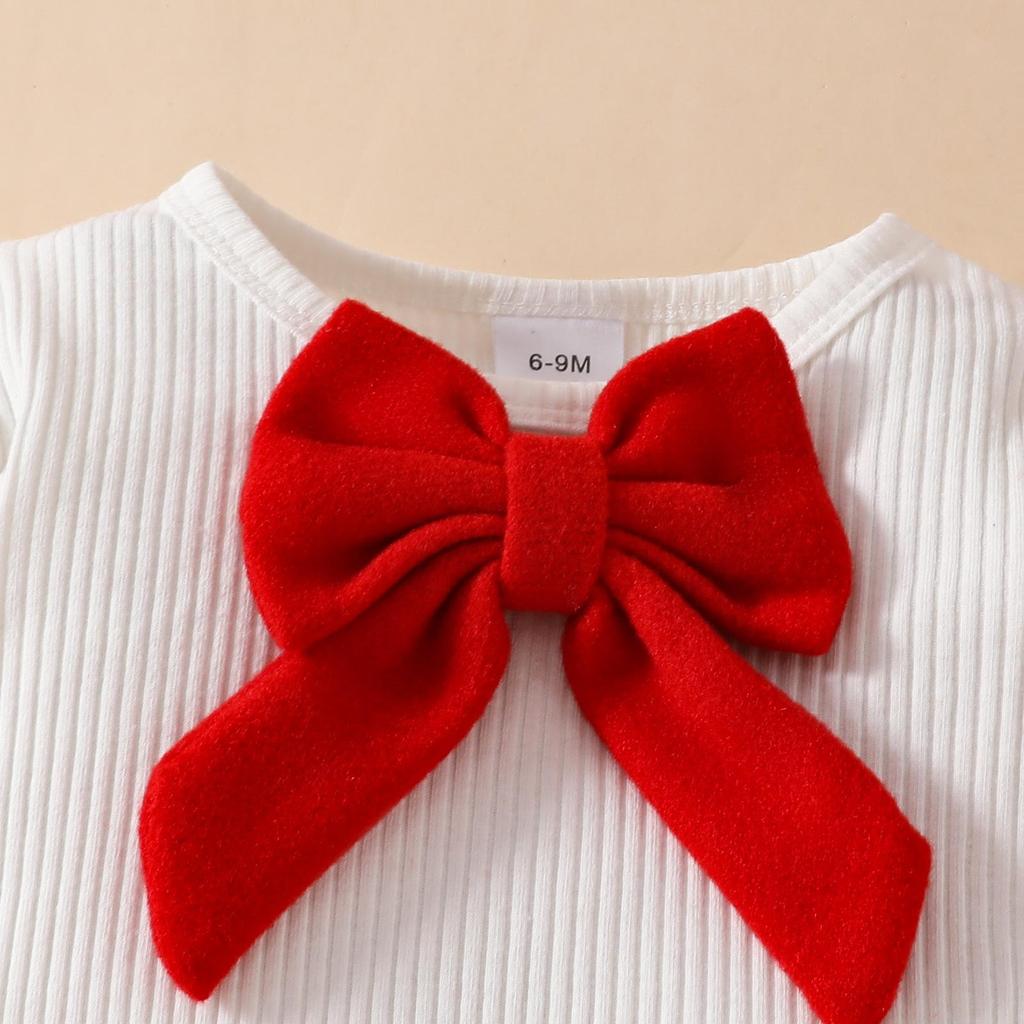 3-teiliges Baby-Mädchen-Kleidungsset für das neue Jahr, 0–3 Jahre, langärmelig, großes Oberteil mit Schleife, unregelmäßiger Rock und Baskenmütze, Kleinkind-Weihnachtskleidung