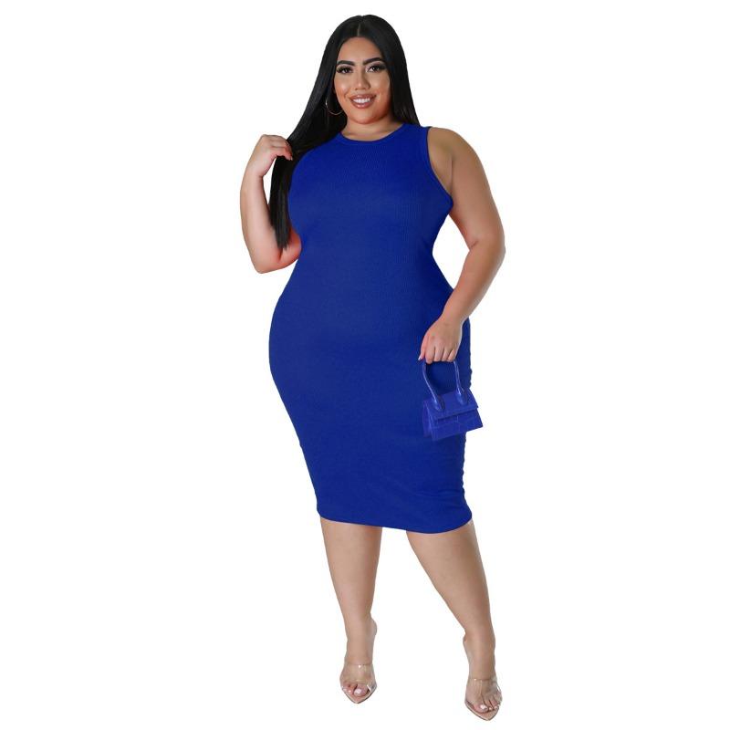 Plus Size Orange Ribbed Sleeveless Round Neck Bodycon Midi Dress