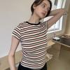 Women Casual Striped Slim Fit T Shirt Short Sleeve Tee with Round Neck Straight Shoulder Bottoming Tops