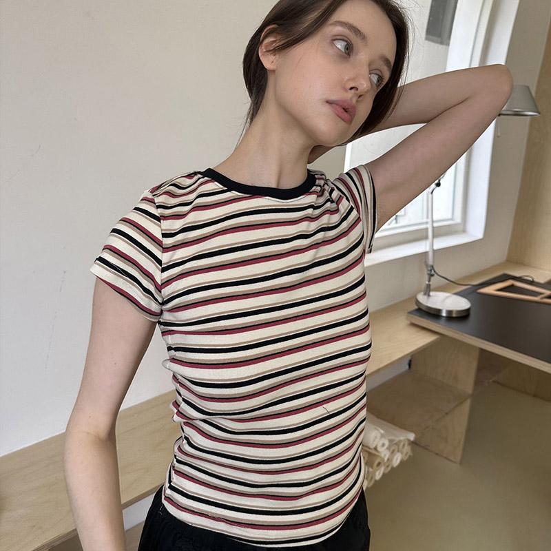 Women Casual Striped Slim Fit T Shirt Short Sleeve Tee with Round Neck Straight Shoulder Bottoming Tops