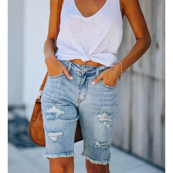 2026 Summer Washed Ripped Cotton Women s Denim Shorts S светло-синий