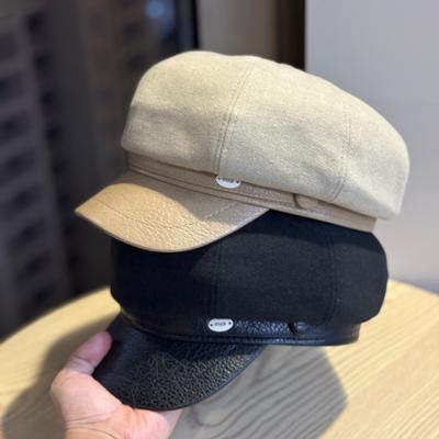 Herbst und Winter Koreanischer Stil Modische Metall-Etikett Wollene Achteckmütze für Damen Lässig Vielseitig Gesicht Zeigend Schiebermütze Trendig