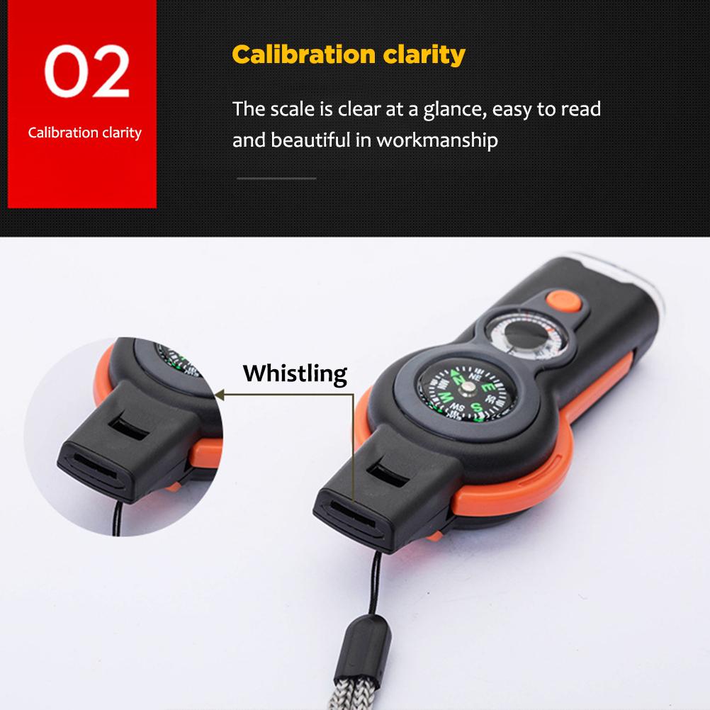 7 in 1 Multifunktions-Outdoor-Pfeife Kompass Thermometer LED-Licht Spiegel Lupe Outdoor