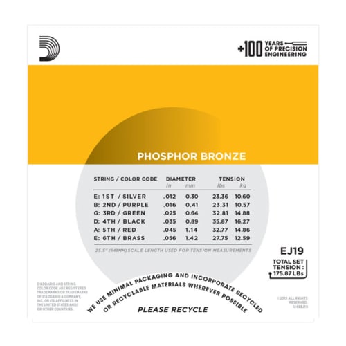 D'Addario Phosphor Bronze Acoustic Guitar Strings, Bluegrass: Light Top/Medium Bottom, .012-.056, EJ19