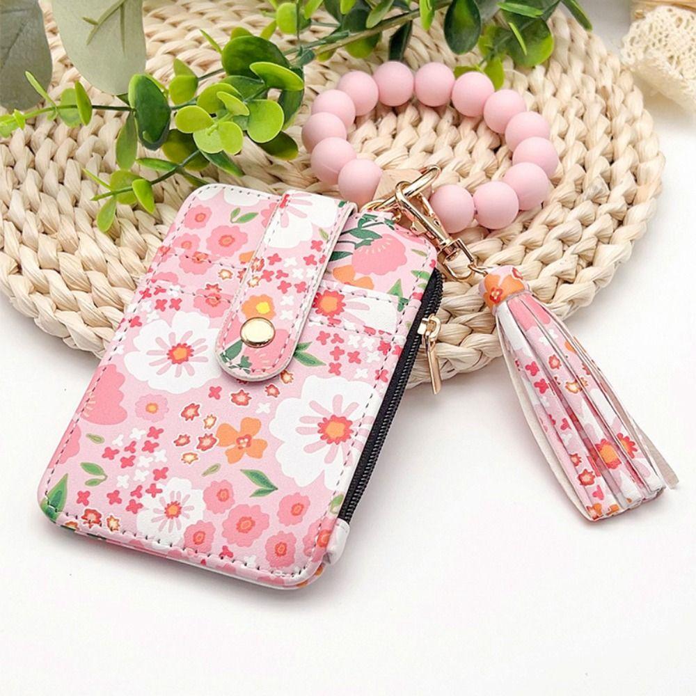 Boho Style Wristlet Wallet Keychain Fragmented Design Leather Card Bag Keychain  Women's Accessory