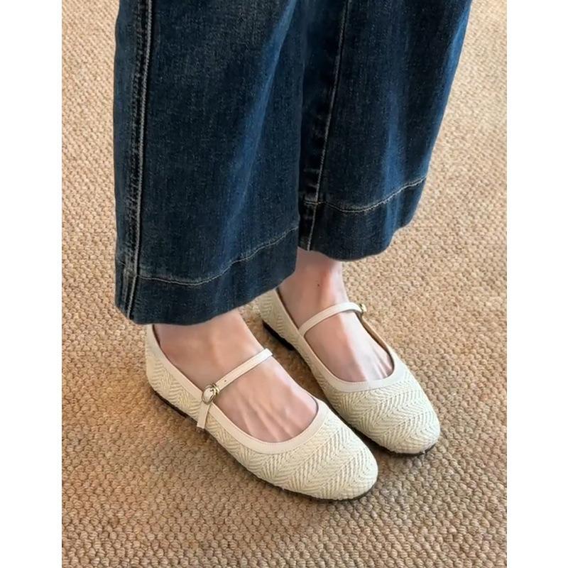 Sheepskin Version~ Retro Round Head Woven One-word Belt Mary Jane Shoes Women's Versatile Flat-bottomed Shallow Mouth Ballet Shoes