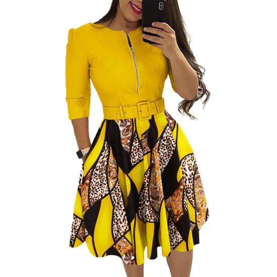 

Ladies Dress Zipper Decor Belted Tight Waist Color Matching Print Round Neck Pockets XL жёлтый