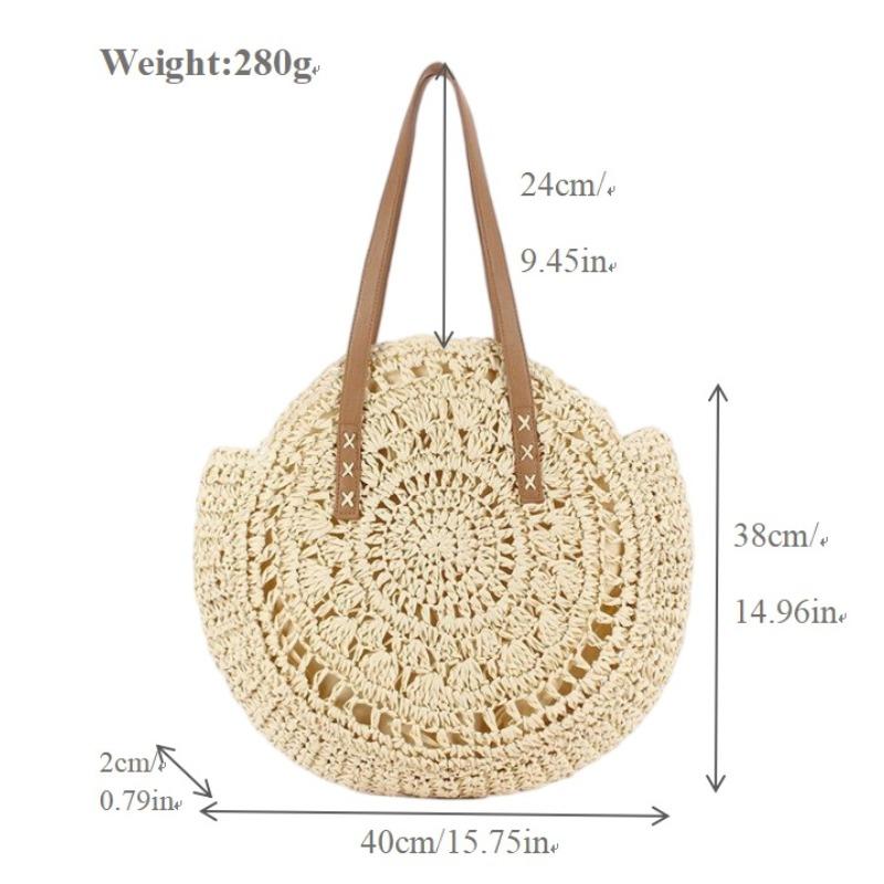 Versatile Shoulder Round Straw Bag Hand-woven Bag Large Capacity Portable Tote Bag Seaside Vacation Beach Bag