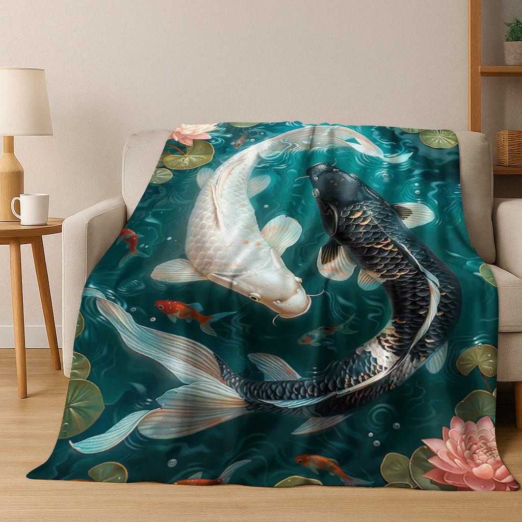 Koi Carp Naturalize Yin Yang Fish Flannel Blanket Soft Warm Blanket for Bedroom Room Living Room Bed Travel Camping Picnic Gift 75x90cm
