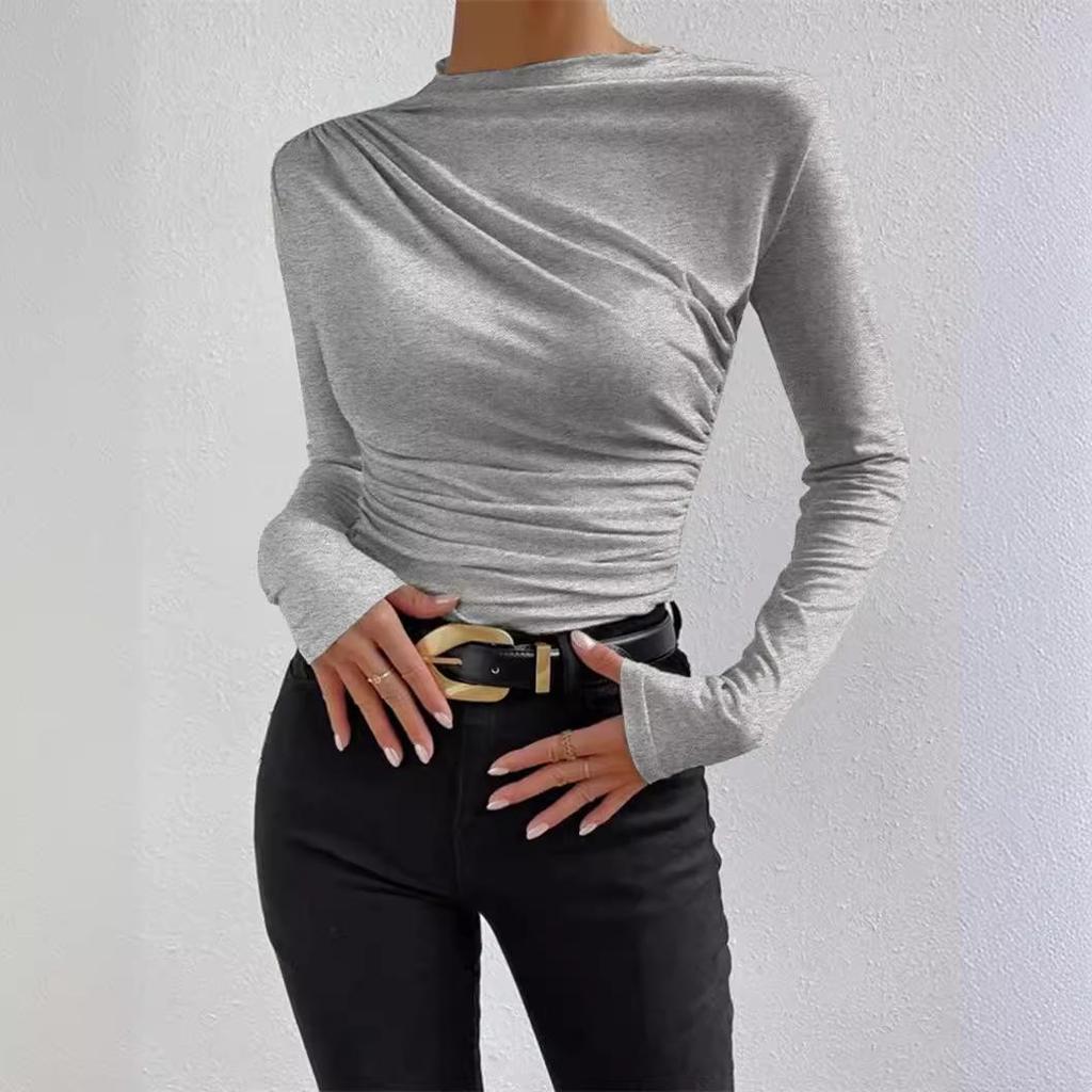 Women's Solid Color Slim-Fit Long-Sleeve Pleated T-Shirt, 2025 European & American Style