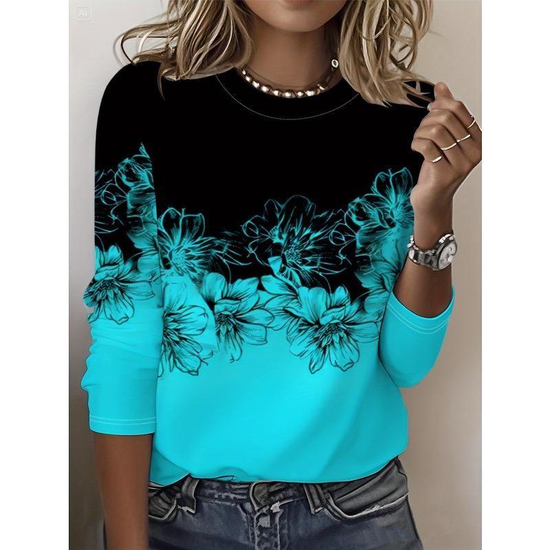 Round Neck 3D Flower Printed Top Casual Long Sleeved Women's T-shirts - Soft Medium Stretch Polyester Fabric Spring and Autumn Relaxed Fit Clothing