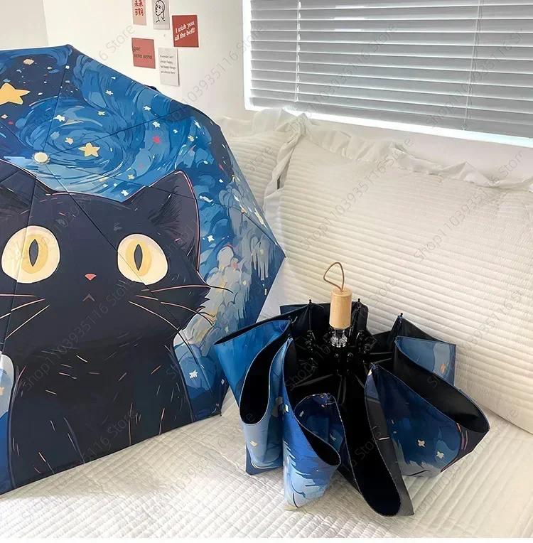 

Blue Star Black Cat Umbrella Animal Cartoon Full Automatic Oil Painting Sun Folding Umbrella for Women Strong Sunshade Umbrella metal-fiber composite&8K
