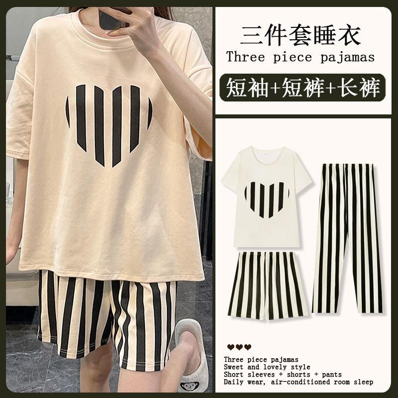 Year's three-piece pajamas women's summer new fine imitation cotton round neck short-sleeved high-end loungewear set spring and autumn
