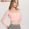 Women's Ribbed Halter Neck Yoga Top with Long Sleeves and Pads - High Elastic Cropped Fitness Top for Autumn/Winter