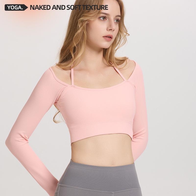 Women's Ribbed Halter Neck Yoga Top with Long Sleeves and Pads - High Elastic Cropped Fitness Top for Autumn/Winter