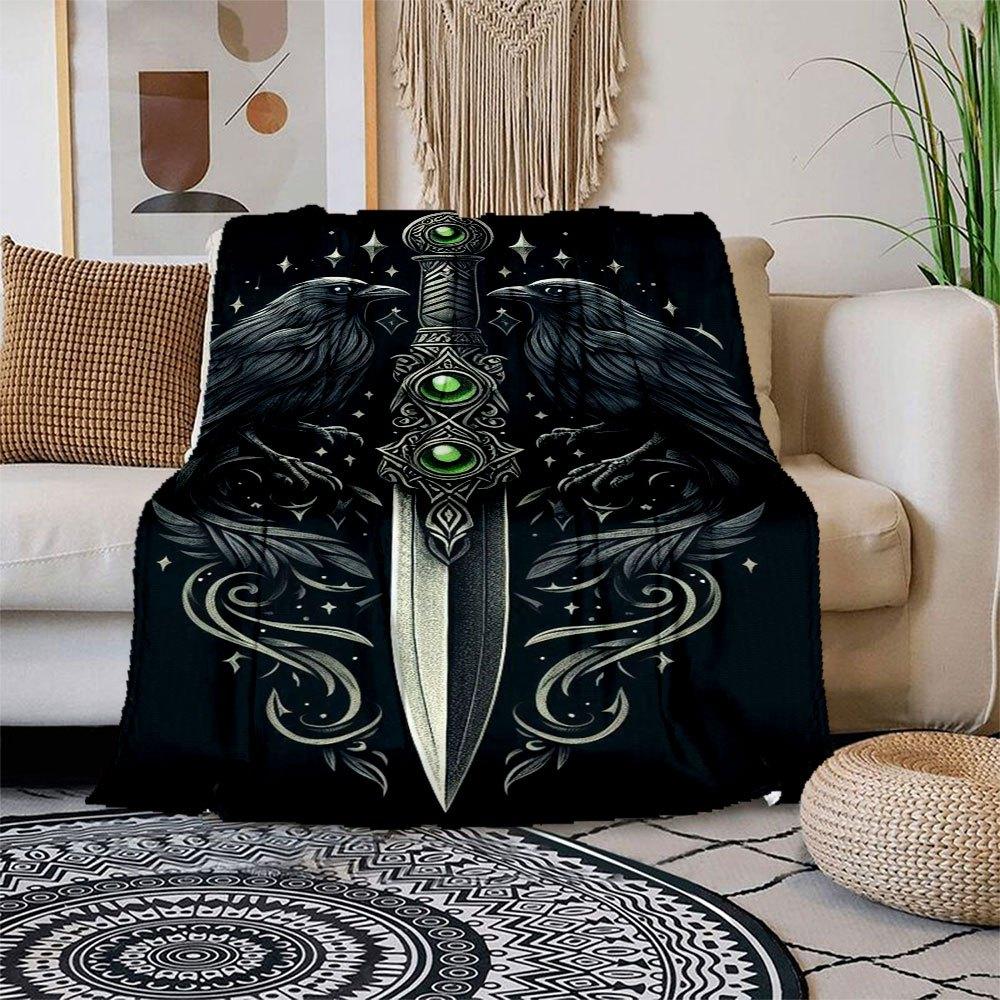 Raven & Sword: Mystical Tattoo Design Art Print Blanket Flannel Throw Blanket for Sofa, Bed, Travel, Camping, Office, Couch, Chair, And Bed 150x180cm