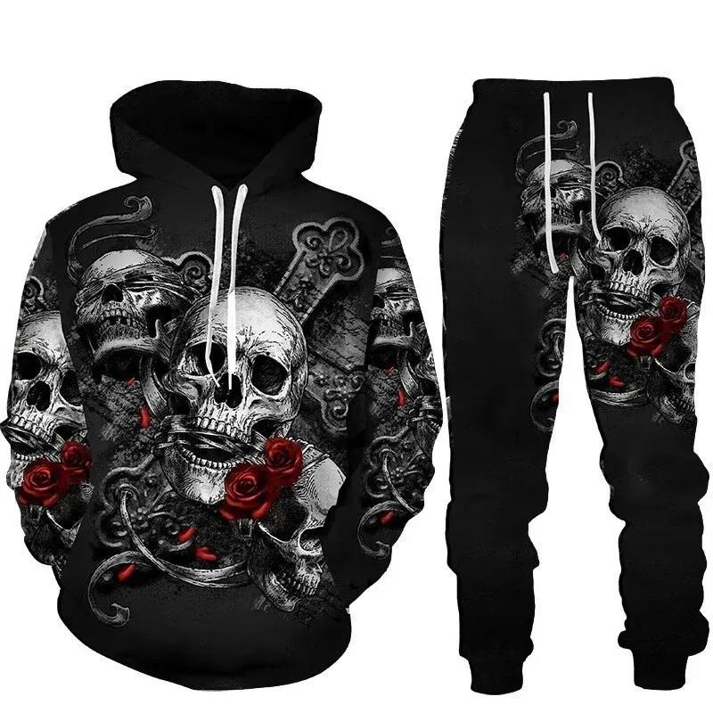 Skull 3D Printed Hoodies Trousers Set Spring Autumn Men Tracksuits Casual Sweashirt Pullover 2 Piece Suit Vintage Men Outfits