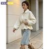 Jaqueta Feminina de Lapela Sólida com Manga Longa e Cintura Marcada Moda Zíper Jacquard Cordão Casaco Curto Outono Novo Looks Casuais