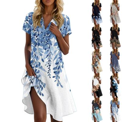 Lässiges Sommerkleid für Damen mit Blumenmuster und Stehkragen und kurzen Ärmeln