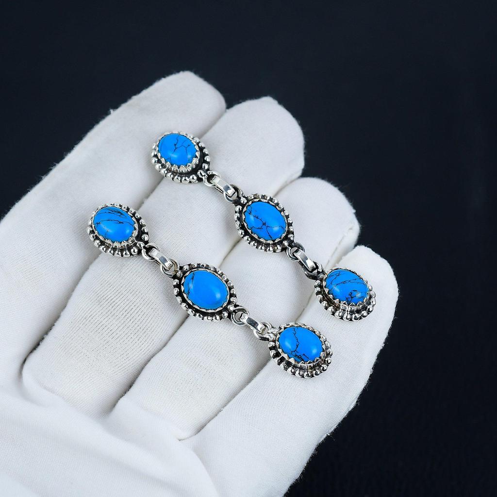 Natural Blue Turquoise Gemstone Earrings, 925 Sterling Silver Earring, Handmade Boho Silver Jewelry Dangle Earrings, Thanksgiving Gift