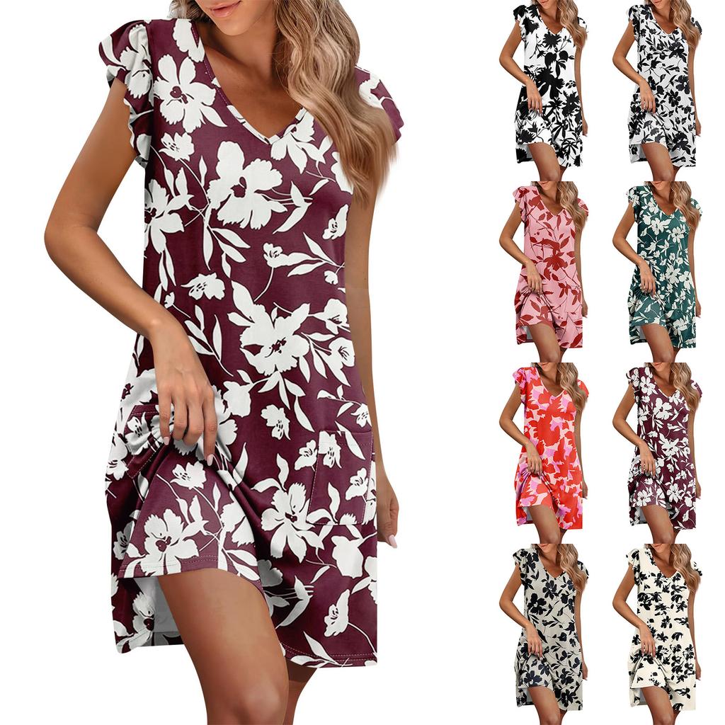 Womens Summer Dress Ruffle Sleeve V Neck Short Dresses Fashion Casual Flowy A Line Swing Sundress With Pocket