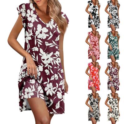 Womens Summer Dress Ruffle Sleeve V Neck Short Dresses Fashion Casual Flowy A Line Swing Sundress With Pocket