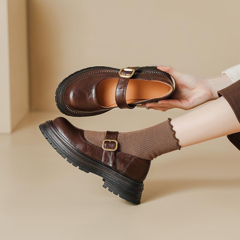 Thick-soled JK small leather shoes round head one-word buckle belt retro British style spring and summer new Mary Jane shallow mouth single shoes wome