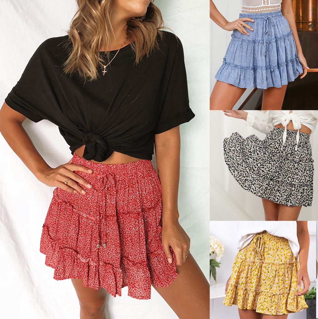 Summer Women's Casual High Waist Ruffled Floral Skirt Beach A-line Skirt