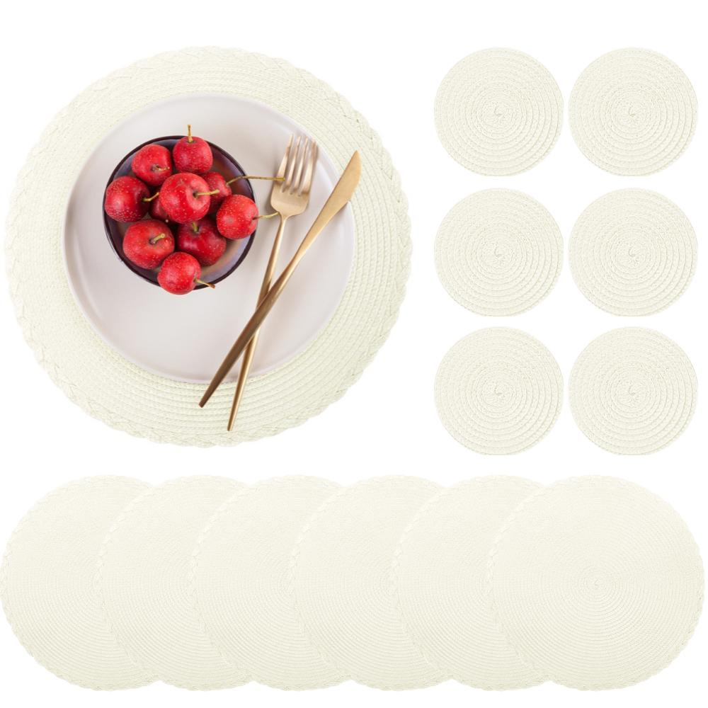 Sets 6 Woven Table Placemats and Coaster 34CM Round Cotton Dinner Table Mats Anti Slip Heat Resistant Easy Clean Place Mats